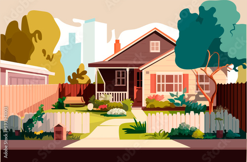 cottage house exterior with backyard real estate in suburb landscape background flat horizontal