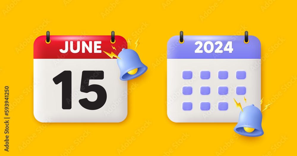 Fototapeta premium Calendar date 3d icon. 15th day of the month icon. Event schedule date. Meeting appointment time. 15th day of June month. Calendar event reminder date. Vector