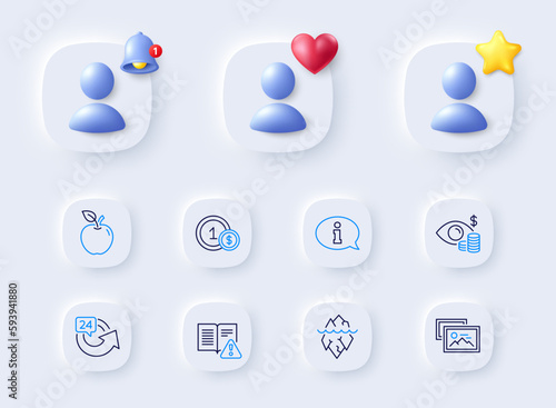 Iceberg, 24 hours and Business vision line icons. Placeholder with 3d bell, star, heart. Pack of Photo album, Usd coins, Instruction manual icon. Information, Apple pictogram. Vector