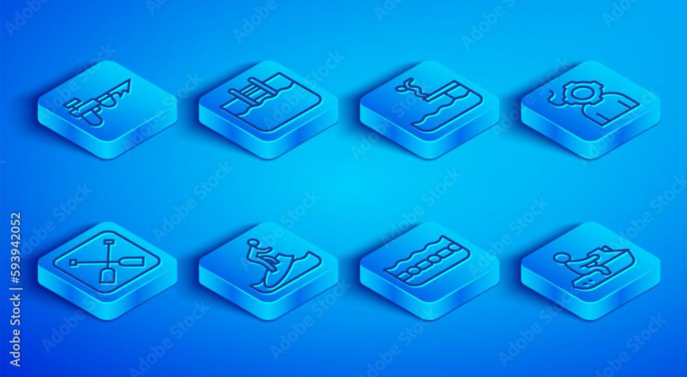 Set line Fishing harpoon, Swimming pool with ladder, Swimmer diving into, Surfboard, Aqualung, Paddle and Jet ski icon. Vector Set line Fishing harpoon, Swimming pool with ladder, Swimmer diving into, Surfboard, Aqualung, Paddle and Jet ski icon. Vector