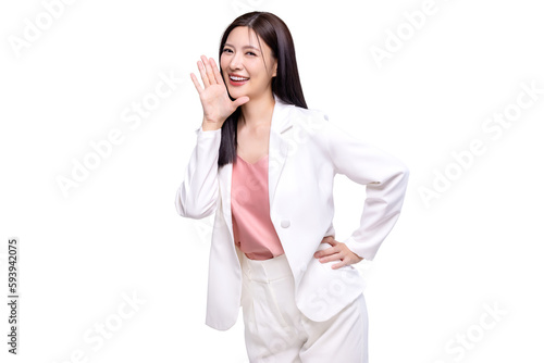 Beauty Asian woman with open mouths raising hands shouting good news isolated on transparent background, PNG file format.