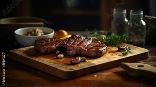 A steak on a cutting board with a bowl of grated cheese on the side.