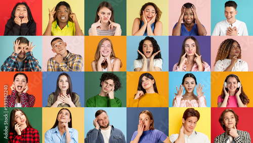 Collage of large group of ethnically diverse doubtful people, men and women expressing uncertain emotions over multicolored background. Multiracial society