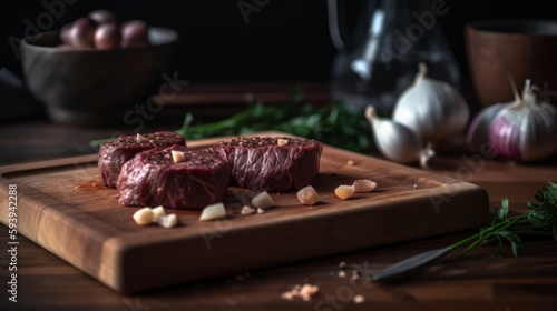 A steak on a cutting board with a bowl of grated cheese on the side.