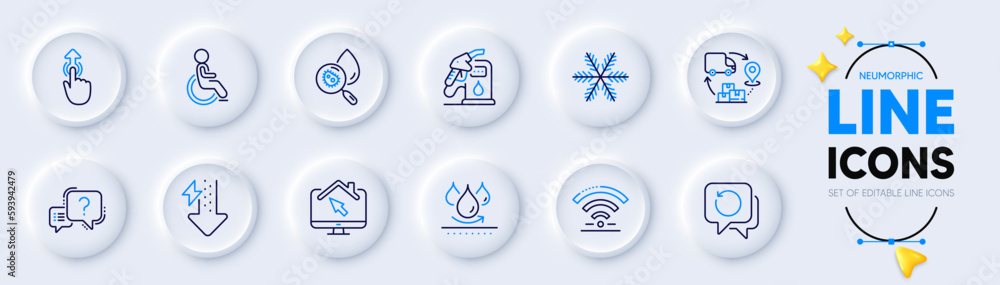 Disability, Snowflake and Question mark line icons for web app. Pack of Waterproof, Petrol station, Supply chain pictogram icons. Recovery data, Swipe up, Energy drops signs. Work home. Vector