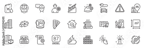 Icons pack as Skyscraper buildings, Toolbox and Palette line icons for app include Working process, Square area, Inspect outline thin icon web set. Green energy, Engineer, Paint pictogram. Vector