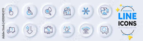 Disability, Snowflake and Question mark line icons for web app. Pack of Waterproof, Petrol station, Supply chain pictogram icons. Recovery data, Swipe up, Energy drops signs. Work home. Vector