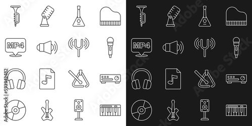 Set line Music synthesizer  Sound mixer controller  Microphone  Balalaika  Megaphone  MP4 file document  Trumpet and Musical tuning fork icon. Vector