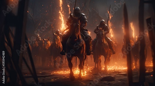 A black flaming chaos knight. Riding horse. Flame. Medieval times. fantasy scenery. concept art. Generative AI 