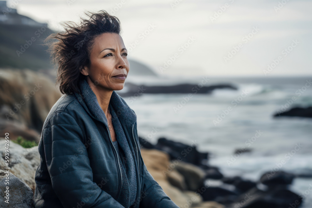 Woman enjoying the scenic view while sitting on a rocky beach. Generative AI. Woman enjoying the scenic view while sitting on a rocky beach. Generative AI.