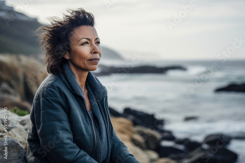 Woman enjoying the scenic view while sitting on a rocky beach. Generative AI. © OPPERMAN
