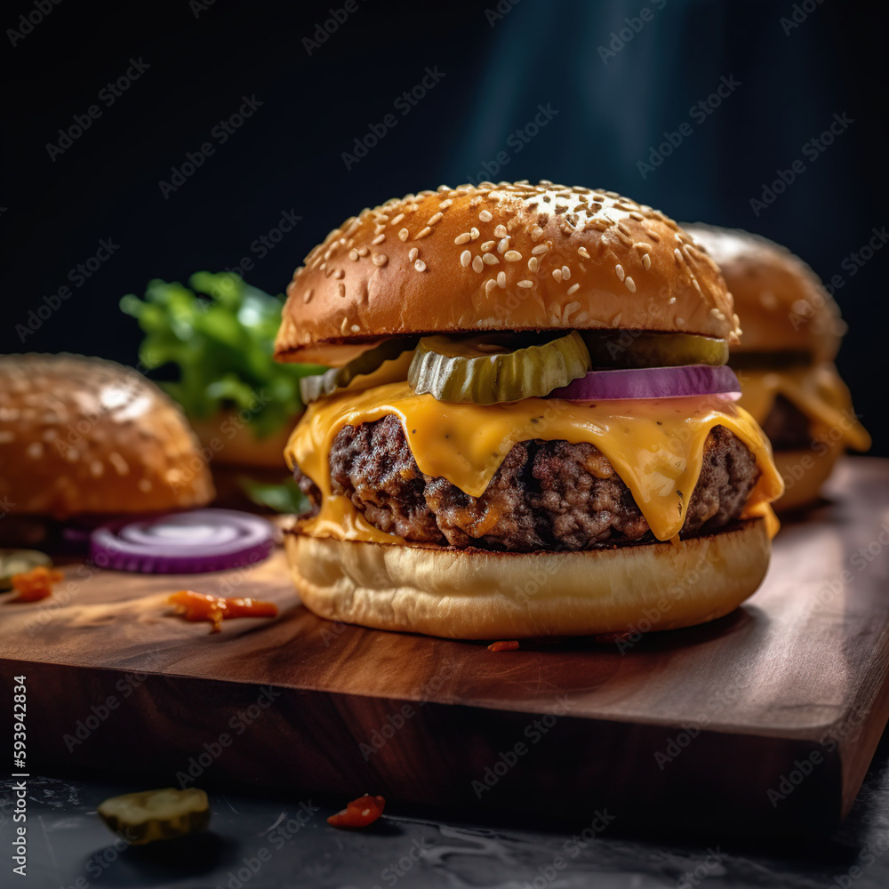 Two burgers on a wooden board with a black background.