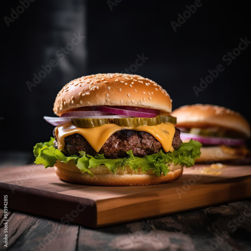 Two burgers on a wooden board with a black background.