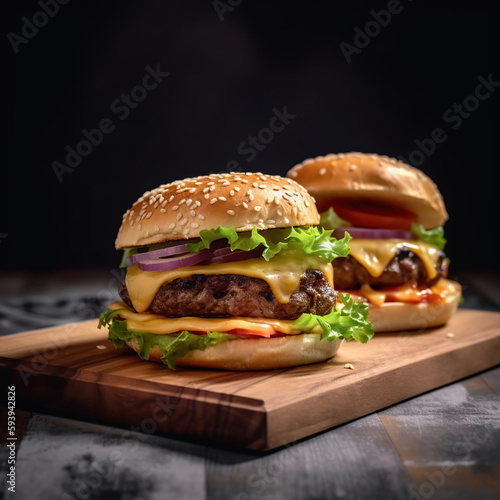 Two burgers on a wooden board with a black background.