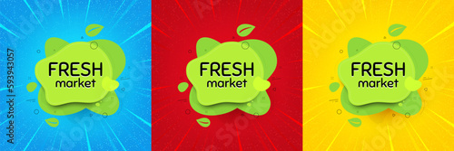 Fresh market food banner. Sunburst offer banner, flyer or poster. Organic bio product tag. Vegetarian eco icon. Fresh market promo event banner. Starburst pop art coupon. Special deal. Vector