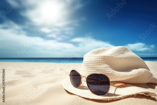 Summer vacation. Hat and sunglasses on sand beach with blue sky background. Generative ai.