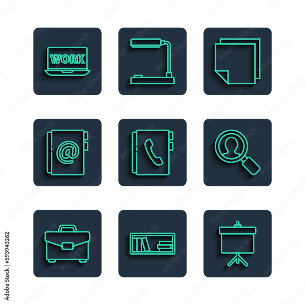 Set line Briefcase, Shelf with books, Chalkboard diagram, Post note stickers, Address, Laptop text work and Magnifying glass for search people icon. Vector Set line Briefcase, Shelf with books, Chalkboard diagram, Post note stickers, Address, Laptop text work and Magnifying glass for search people icon. Vector