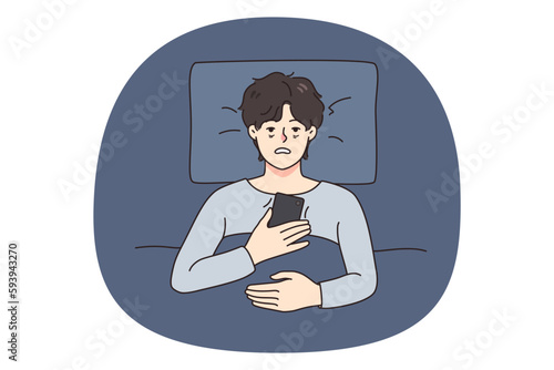 Unhappy tired man lying in bed suffer from insomnia use cellphone device. Upset exhausted guy struggle on sleepless night brose smartphone. Sleeping problem concept. Vector illustration.