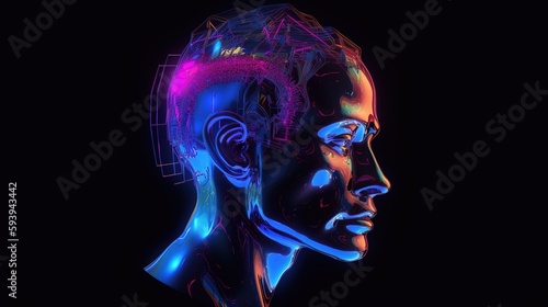 Human head in 3d with abstract shape. Computer generated retro futuristic vintage render. Cyberpunk, holographic, synthwave. Generative AI.