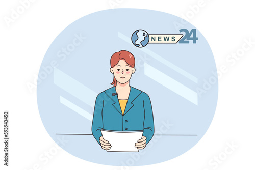 Female journalist doing news reportage in studio. Woman tv presenter or host speak on camera for entertaining show. Journalism and entertainment. Flat vector illustration.
