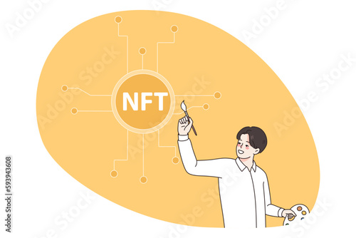 Man artist with brush pain NFT symbol selling cryptocurrency on stock exchange. Male investor trade crypto on internet involved in non-fungible token bidding. Flat vector illustration.