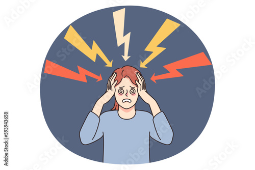Unhappy frustrated woman stressed with life problems or thoughts feel depressed and overwhelmed. Upset female suffer from workload or troubles, have anxiety or panic attack. Vector illustration.