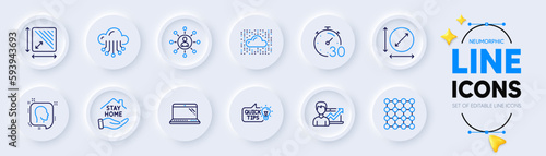 Networking, Head and Laptop line icons for web app. Pack of Circle area, Stay home, Timer pictogram icons. Education idea, Cloud storage, Density signs. Cloud system, Success business. Vector