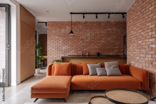 interior background pillow indoor three-dimensional living room brick wall sofa brick comfortable terracotta apartment. Generative AI.