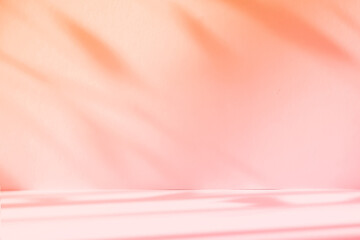 Abstract pink color gradient studio background for product presentation. Empty room with shadows of window and flowers and palm leaves . 3d room with copy space. Summer concert. Blurred backdrop.
