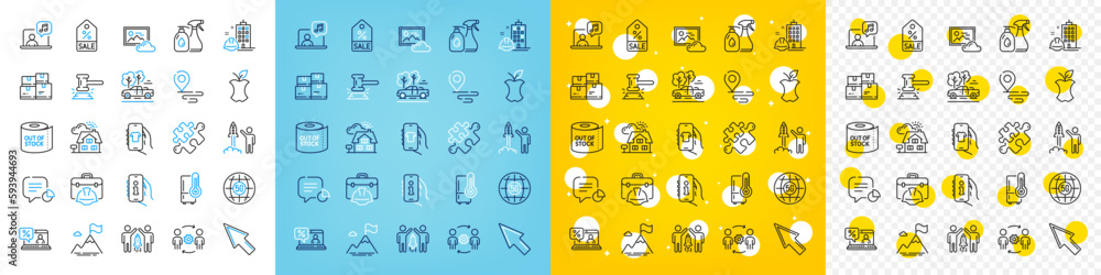 Vector icons set of Support, Partnership and Organic waste line icons pack for web with Refrigerator, Music, Place outline icon. Pickup, Mountain flag, Puzzle pictogram. Shop app. Vector