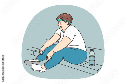 Tired fat man sit on sidewalk feel exhausted after exercising outdoors losing weight. Unhappy obese male have difficulties workout training in park. Diet and sport, weightloss. Vector illustration.