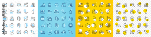 Vector icons set of Support, Partnership and Organic waste line icons pack for web with Refrigerator, Music, Place outline icon. Pickup, Mountain flag, Puzzle pictogram. Shop app. Vector