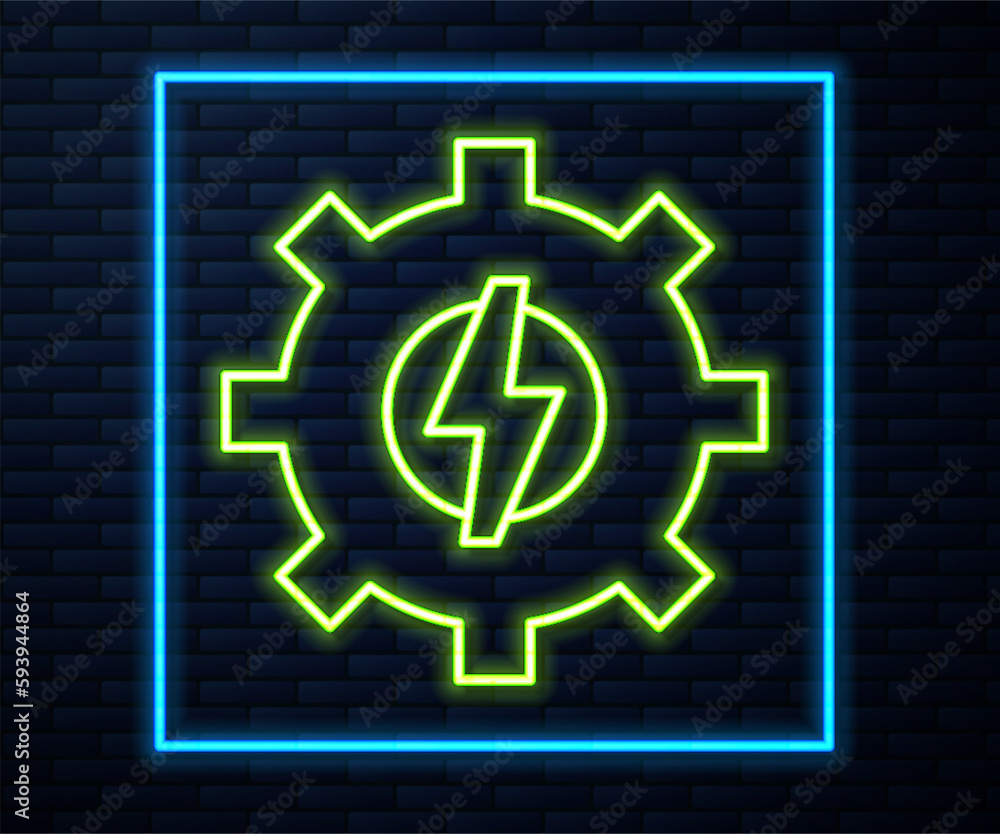 Glowing neon line Gear and lightning icon isolated on brick wall background. Electric power. Lightning bolt sign. Vector Glowing neon line Gear and lightning icon isolated on brick wall background. Electric power. Lightning bolt sign. Vector