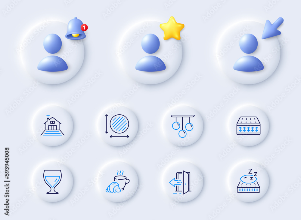 Wine glass, Circle area and Ceiling lamp line icons. Placeholder with 3d cursor, bell, star. Pack of Entrance, Mattress, Flexible mattress icon. Coffee break, Terrace pictogram. Vector Wine glass, Circle area and Ceiling lamp line icons. Placeholder with 3d cursor, bell, star. Pack of Entrance, Mattress, Flexible mattress icon. Coffee break, Terrace pictogram. Vector