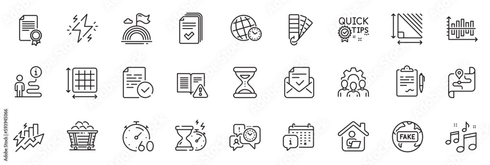Icons pack as Hourglass timer, Diagram chart and Palette line icons for app include Handout, Certificate, Quick tips outline thin icon web set. Lgbt, Work home, Approved mail pictogram. Vector Icons pack as Hourglass timer, Diagram chart and Palette line icons for app include Handout, Certificate, Quick tips outline thin icon web set. Lgbt, Work home, Approved mail pictogram. Vector