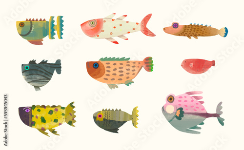 Fish, watercolor painting. animal cartoon vector illustration collection. isolated on a white background.
