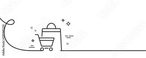 Shopping cart line icon. Continuous one line with curl. Customer sale bag sign. Supermarket purchases symbol. Sale bags single outline ribbon. Loop curve pattern. Vector