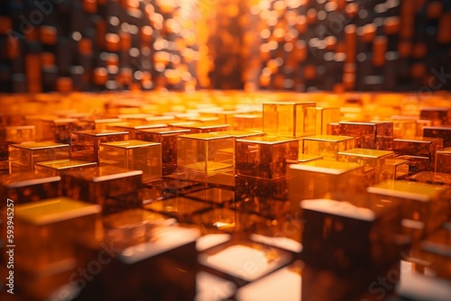 Orange and Yellow, Glossy Blocks Perfectly Constructed to create a Modern Tech Background. 3D Render. Generative AI © Ryan