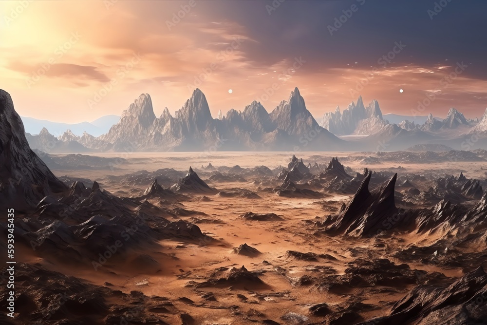 Extraterrestrial Landscape with Craters and Mountains. Generative AI