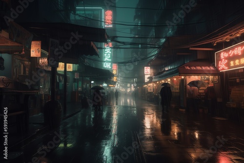 Cyberpunk Chinese City Street in the Rain. Generative AI