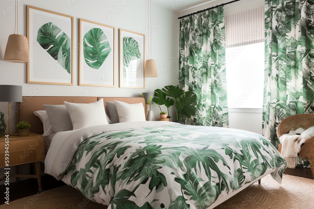 Airy modern living with tropical print bedspread. Generative AI