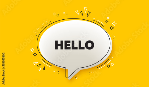 Hello welcome tag. 3d speech bubble yellow banner. Hi invitation offer. Formal greetings message. Hello chat speech bubble message. Talk box infographics. Vector