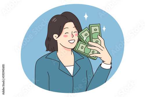 Smiling businesswoman hold dollar banknotes in hands excited with job promotion and salary raise. Happy woman employee with money bills overjoyed with wage rise. Flat vector illustration.