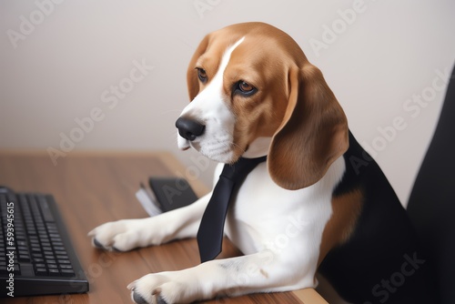 Beagle dog in business suit working on computer. Generative AI