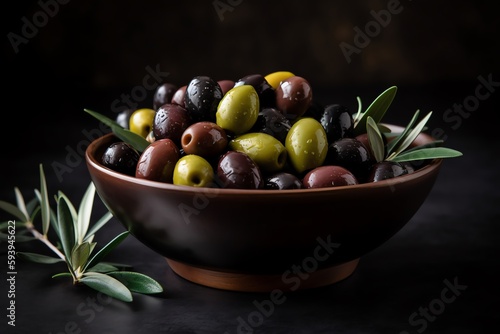 Bowl of Olives on Black Counter. Generative AI