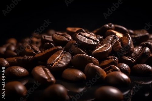 Close-up coffee beans on dark background. Generative AI