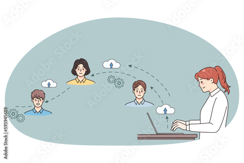 Young businesswoman work online on computer connect with diverse colleagues. Female employee hire freelancers on cloud network, communicate on internet. Vector illustration.