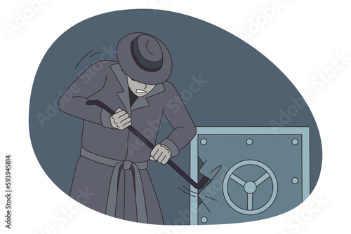 Male criminal break vault for money robbery in office. Man thief or villain rob strongbox with stick. Crime and burglary concept. Finance safety problem. Flat vector illustration.
