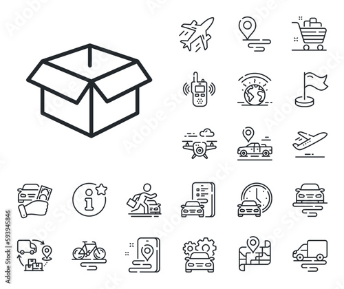 Logistics delivery sign. Plane, supply chain and place location outline icons. Opened box line icon. Parcels tracking symbol. Opened box line sign. Taxi transport, rent a bike icon. Travel map. Vector