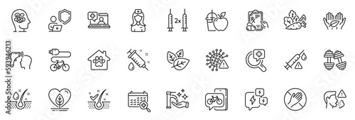 Icons pack as Dont touch, Medical calendar and Fair trade line icons for app include Coronavirus vaccine, Electric bike, Organic tested outline thin icon web set. Washing hands. Vector